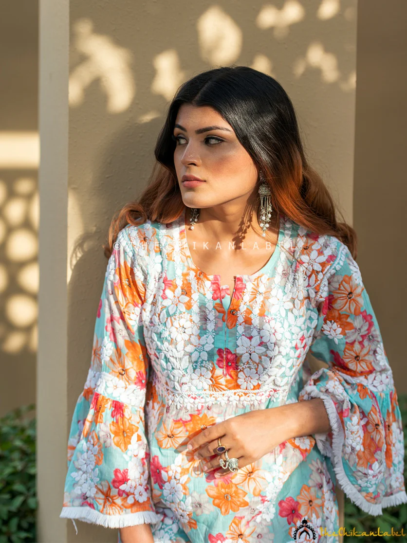 Floral Mulmul Chikankari Kurta Garara Set - Image 6