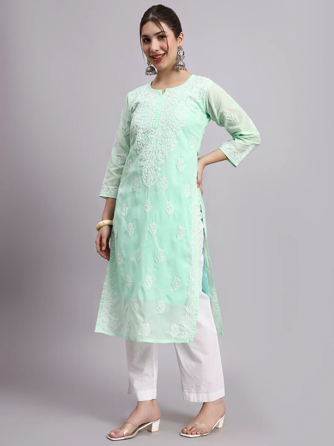 Sea Green Layla Cotton Chikankari Straight Kurti with inner - Image 2