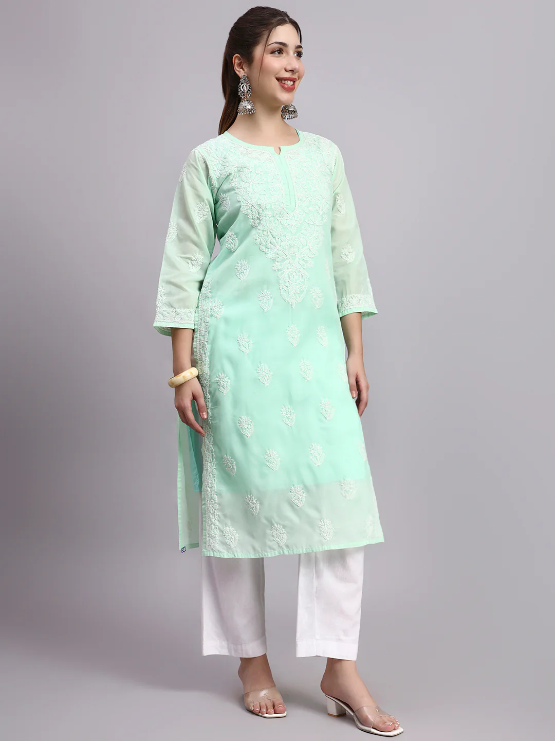 Sea Green Layla Cotton Chikankari Straight Kurti with inner - Image 3