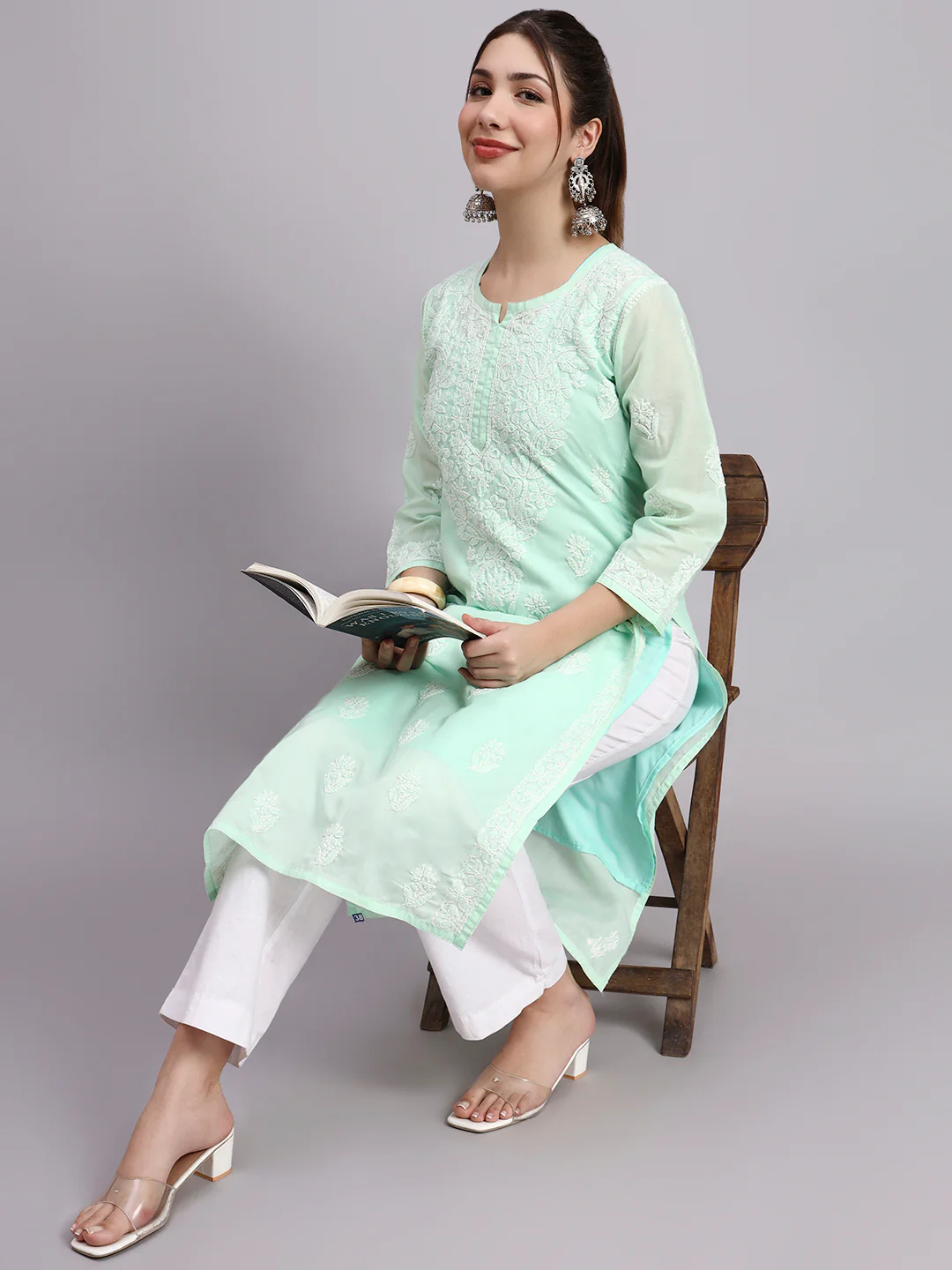 Sea Green Layla Cotton Chikankari Straight Kurti with inner - Image 6