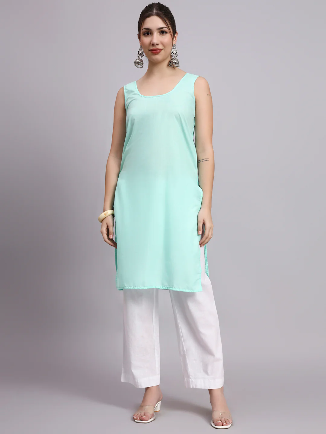 Sea Green Layla Cotton Chikankari Straight Kurti with inner - Image 7