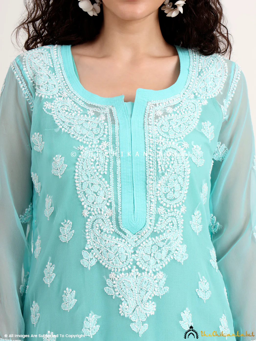 Mahak Georgette Chikankari Straight Kurti with Inner - Sea Green - Image 2