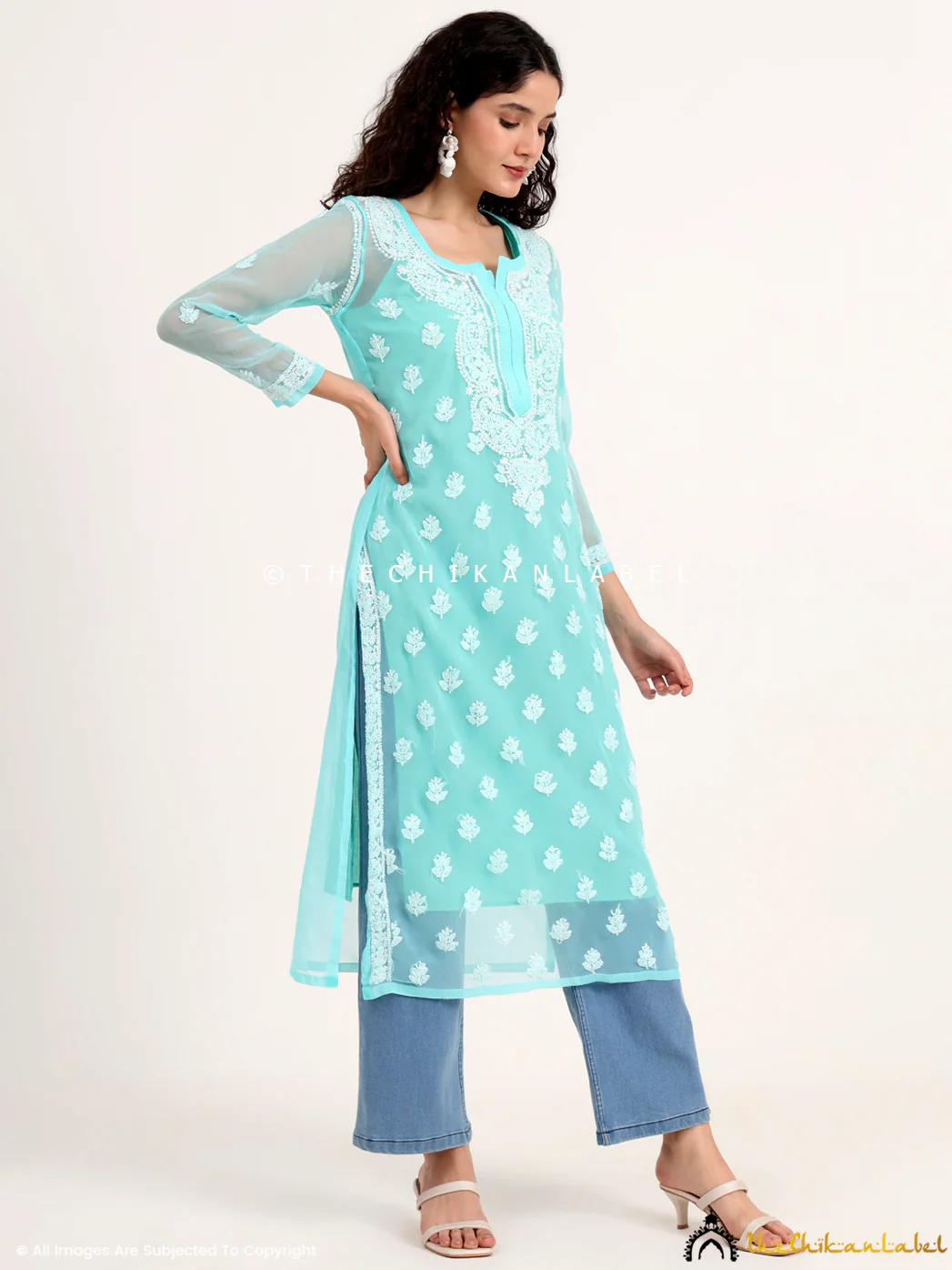 Mahak Georgette Chikankari Straight Kurti with Inner - Sea Green - Image 4