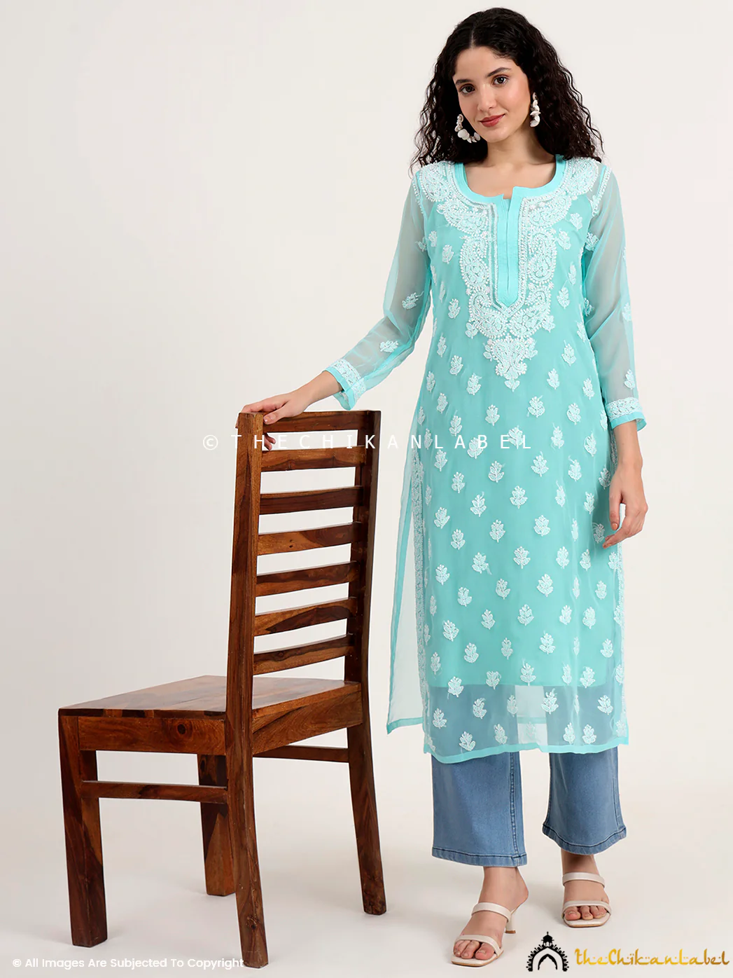 Mahak Georgette Chikankari Straight Kurti with Inner - Sea Green - Image 5