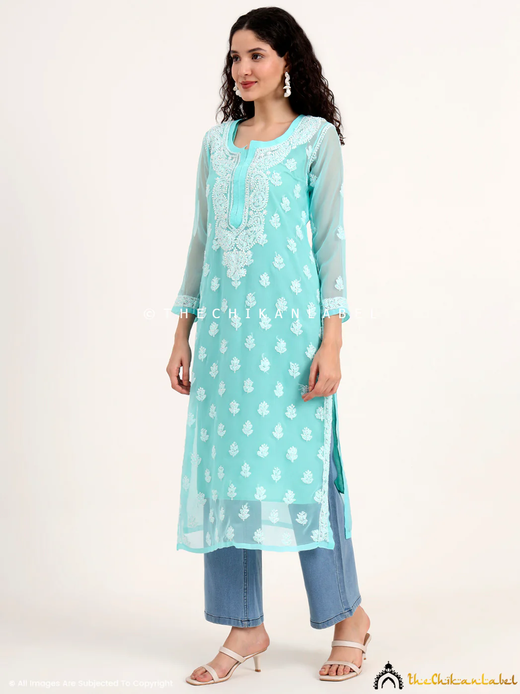 Mahak Georgette Chikankari Straight Kurti with Inner - Sea Green - Image 6