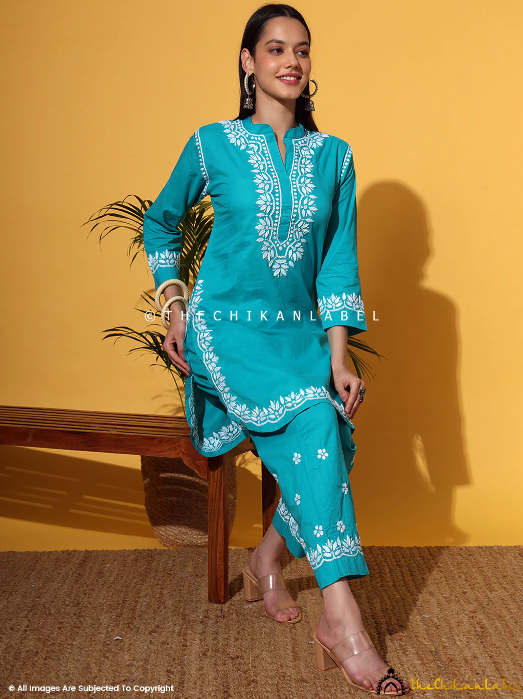 Rumi Organic Cotton Chikankari Kurta Set - Sea Green - Image 11