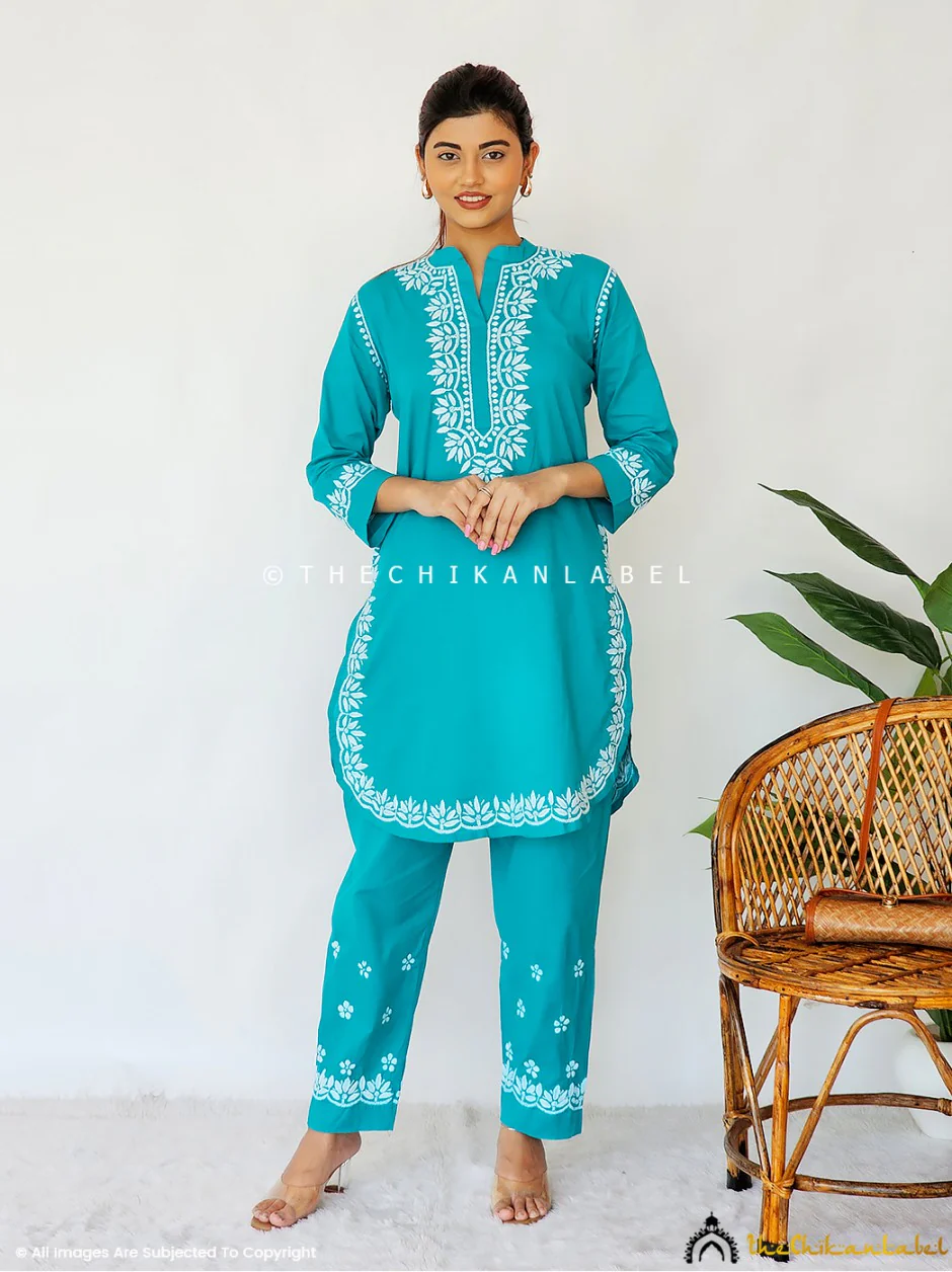 Rumi Organic Cotton Chikankari Kurta Set - Sea Green - Image 4