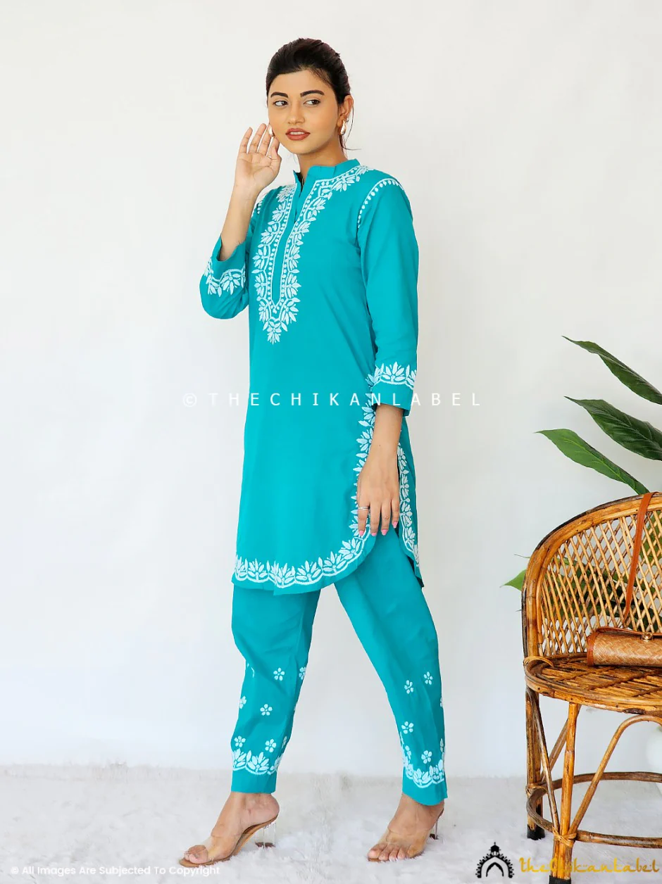 Rumi Organic Cotton Chikankari Kurta Set - Sea Green - Image 5