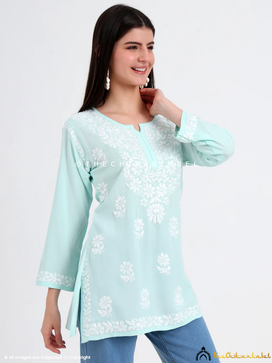Ruzina Rayon Chikankari Short Top - Sea Green - Image 5