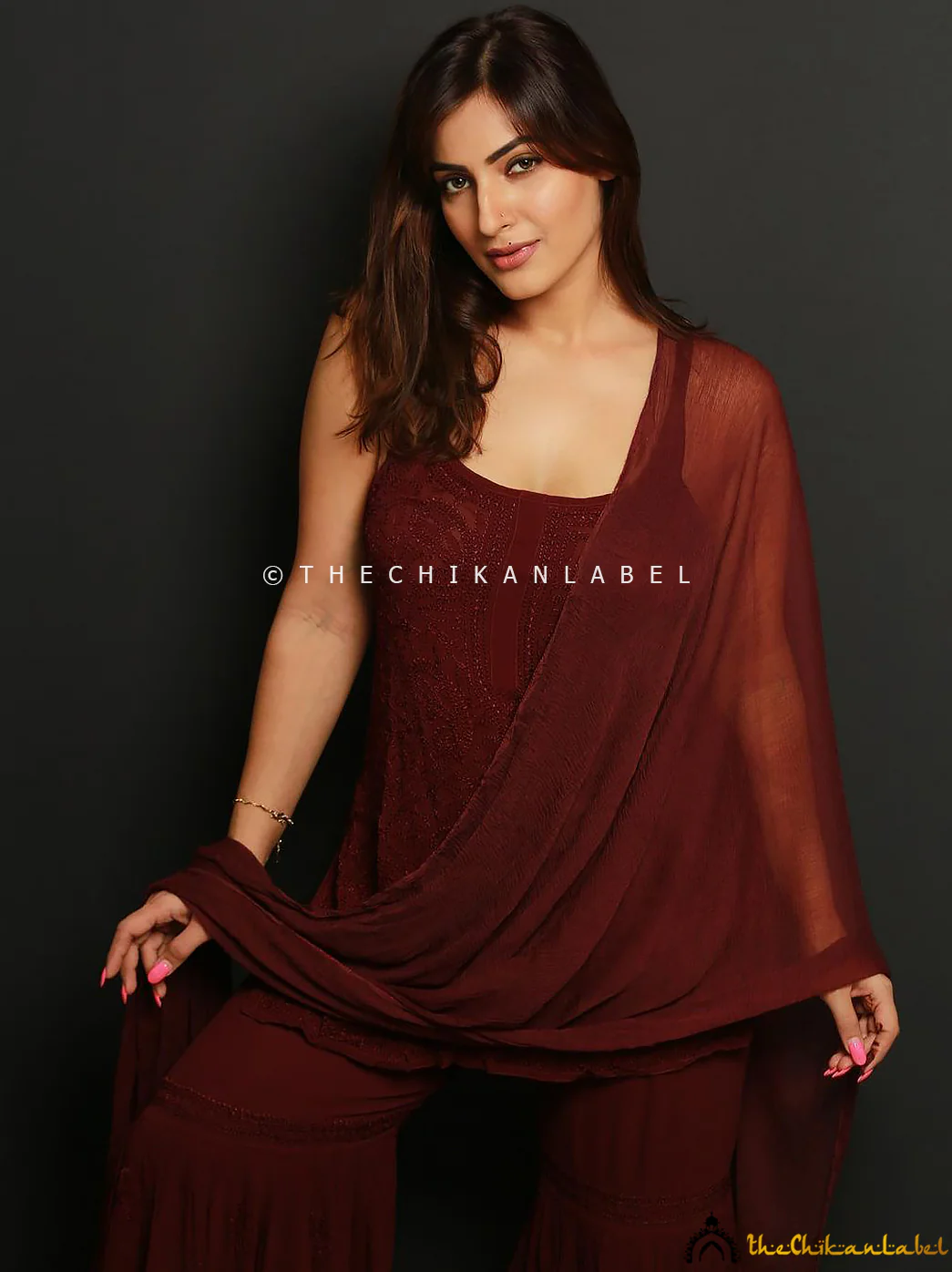 Shivangi Verma Jia Viscose Chikankari Strappy Kurta Set - Choco - Image 4