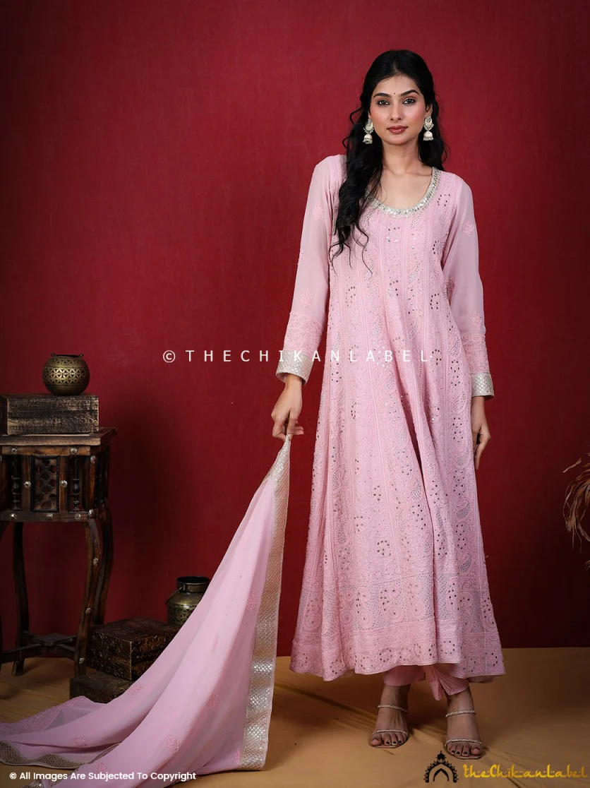 Shraddha Kapoor Pink Chikankari Anarkali Set - Image 4