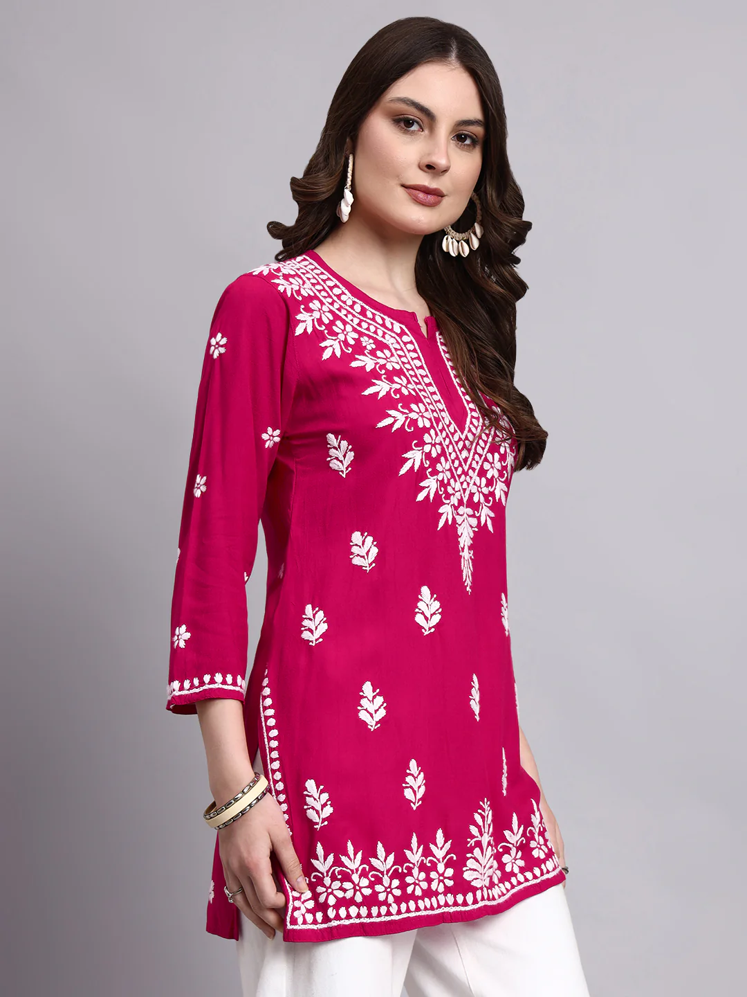 Siara Rayon Chikankari Short Kurta - Hot Pink - Image 5