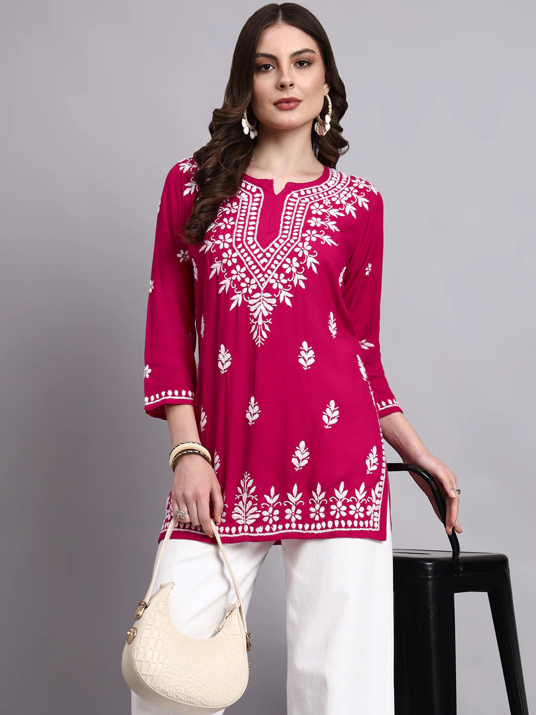 Siara Rayon Chikankari Short Kurta - Hot Pink - Image 6