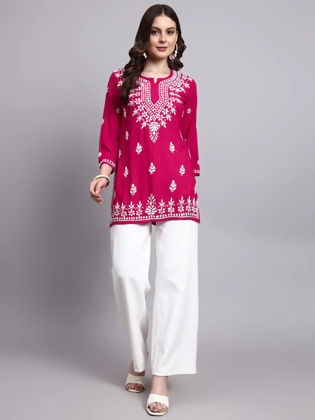 Siara Rayon Chikankari Short Kurta - Hot Pink - Image 7