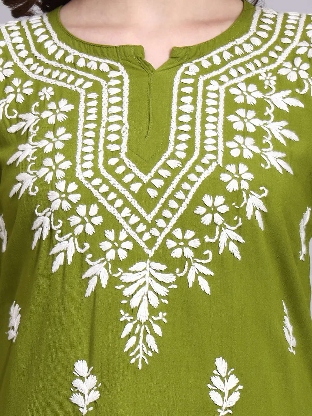 Siara Rayon Chikankari Short Kurta - Mehndi Green - Image 2
