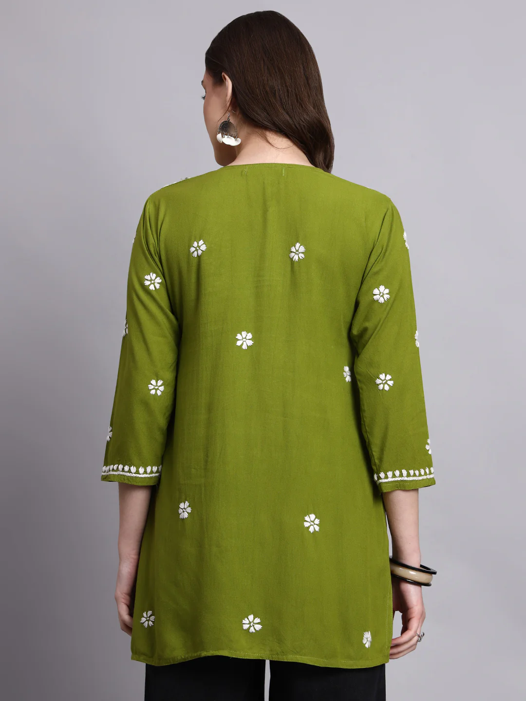 Siara Rayon Chikankari Short Kurta - Mehndi Green - Image 3