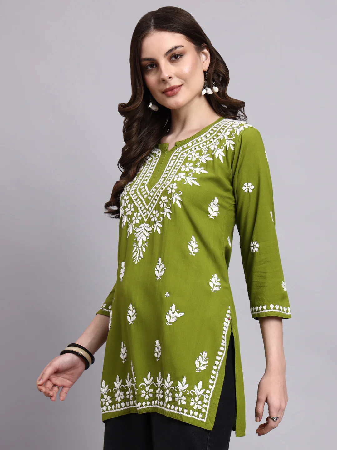 Siara Rayon Chikankari Short Kurta - Mehndi Green - Image 4