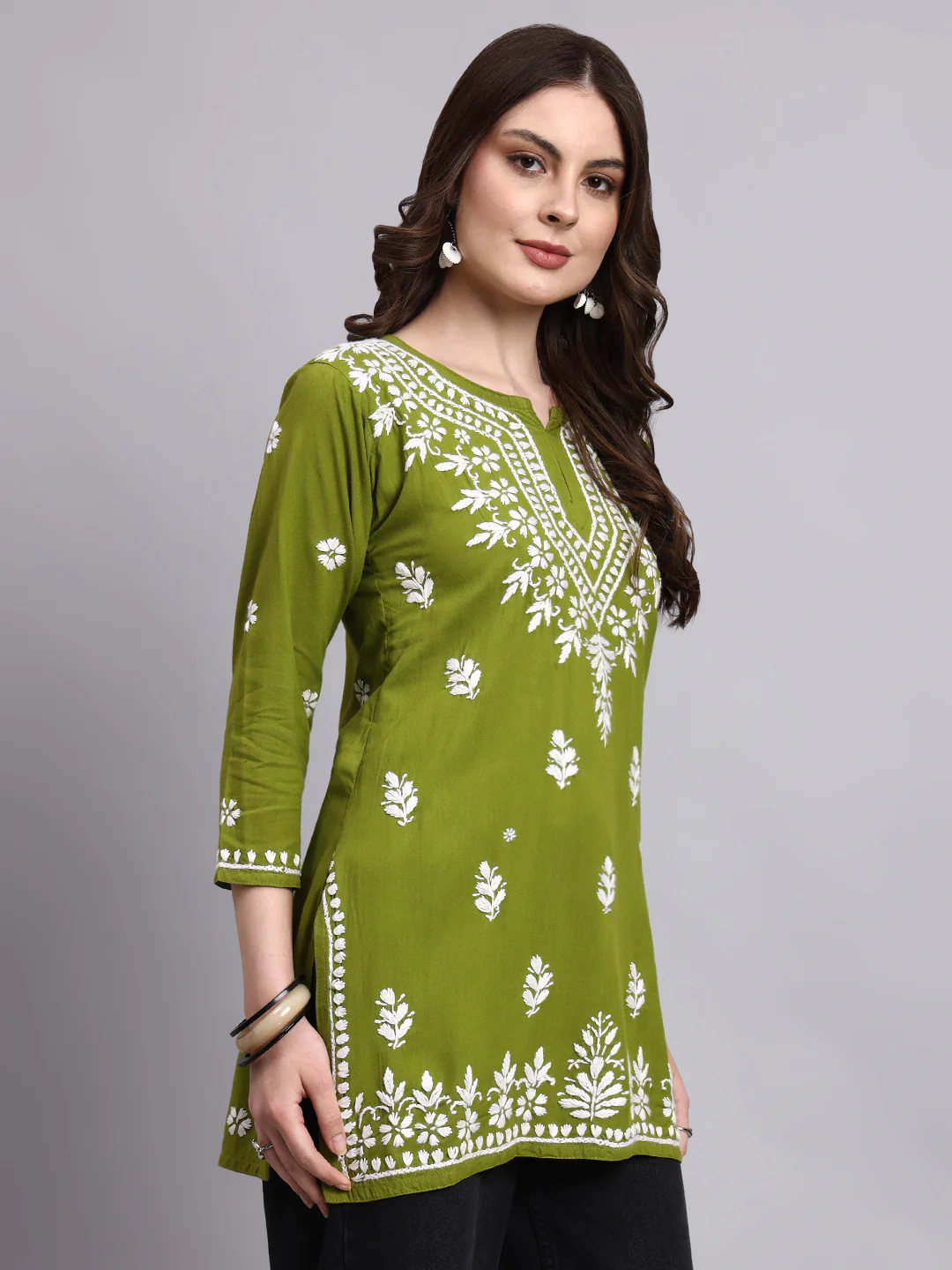 Siara Rayon Chikankari Short Kurta - Mehndi Green - Image 5