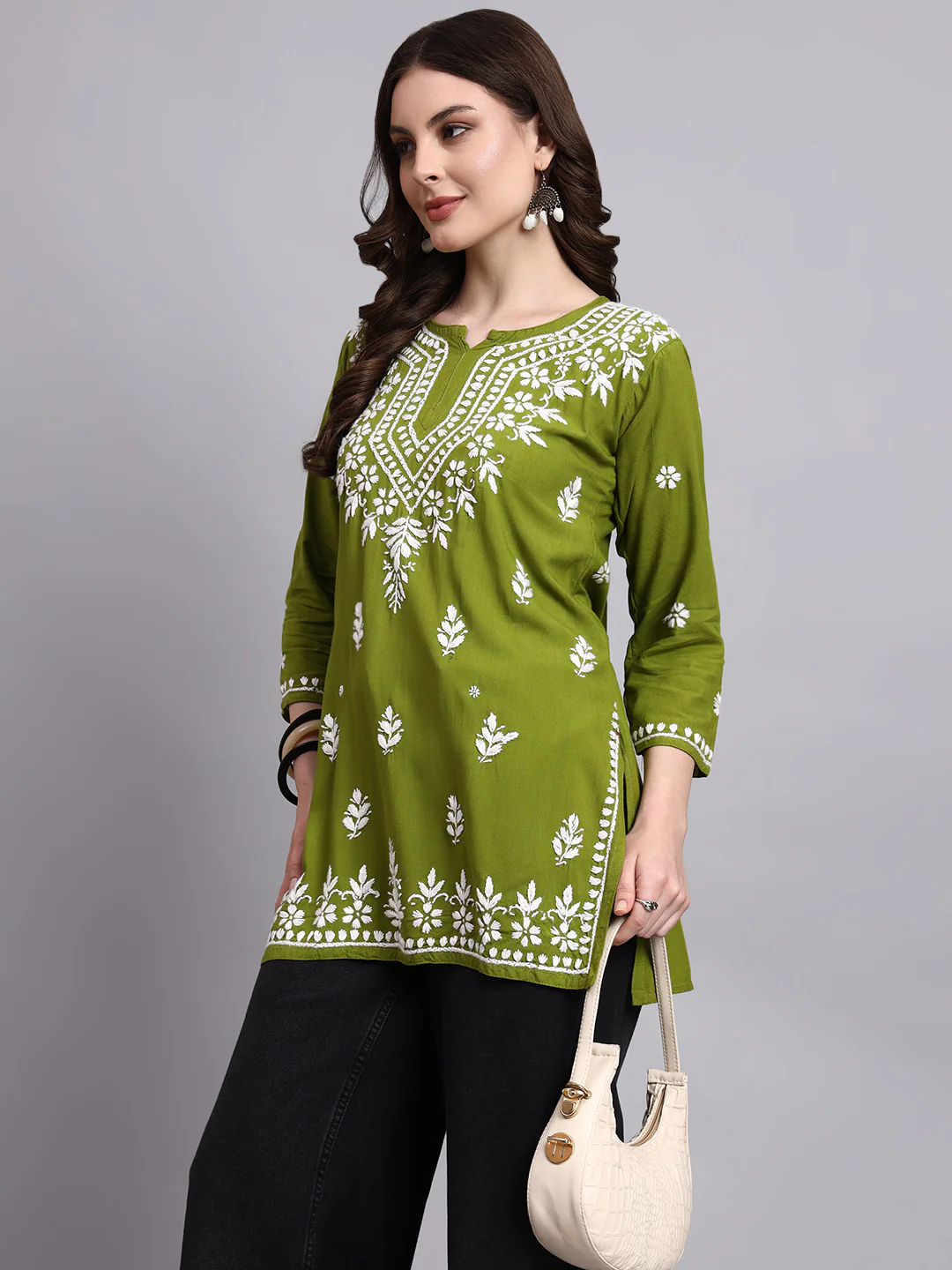 Siara Rayon Chikankari Short Kurta - Mehndi Green - Image 6
