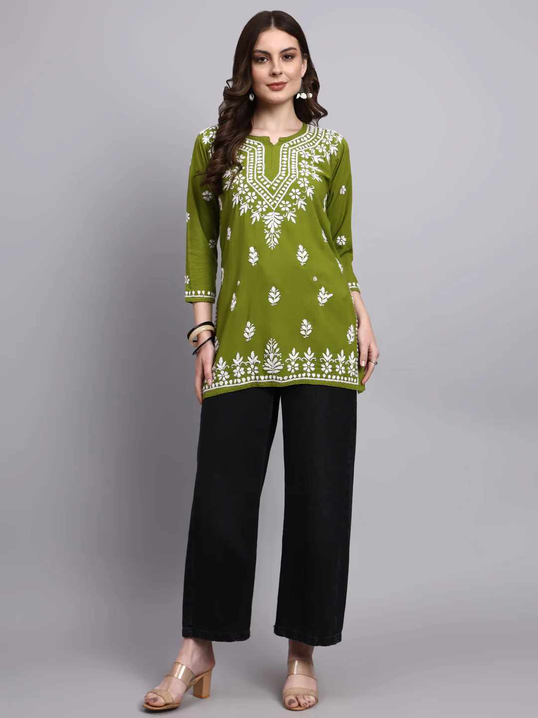 Siara Rayon Chikankari Short Kurta - Mehndi Green - Image 7