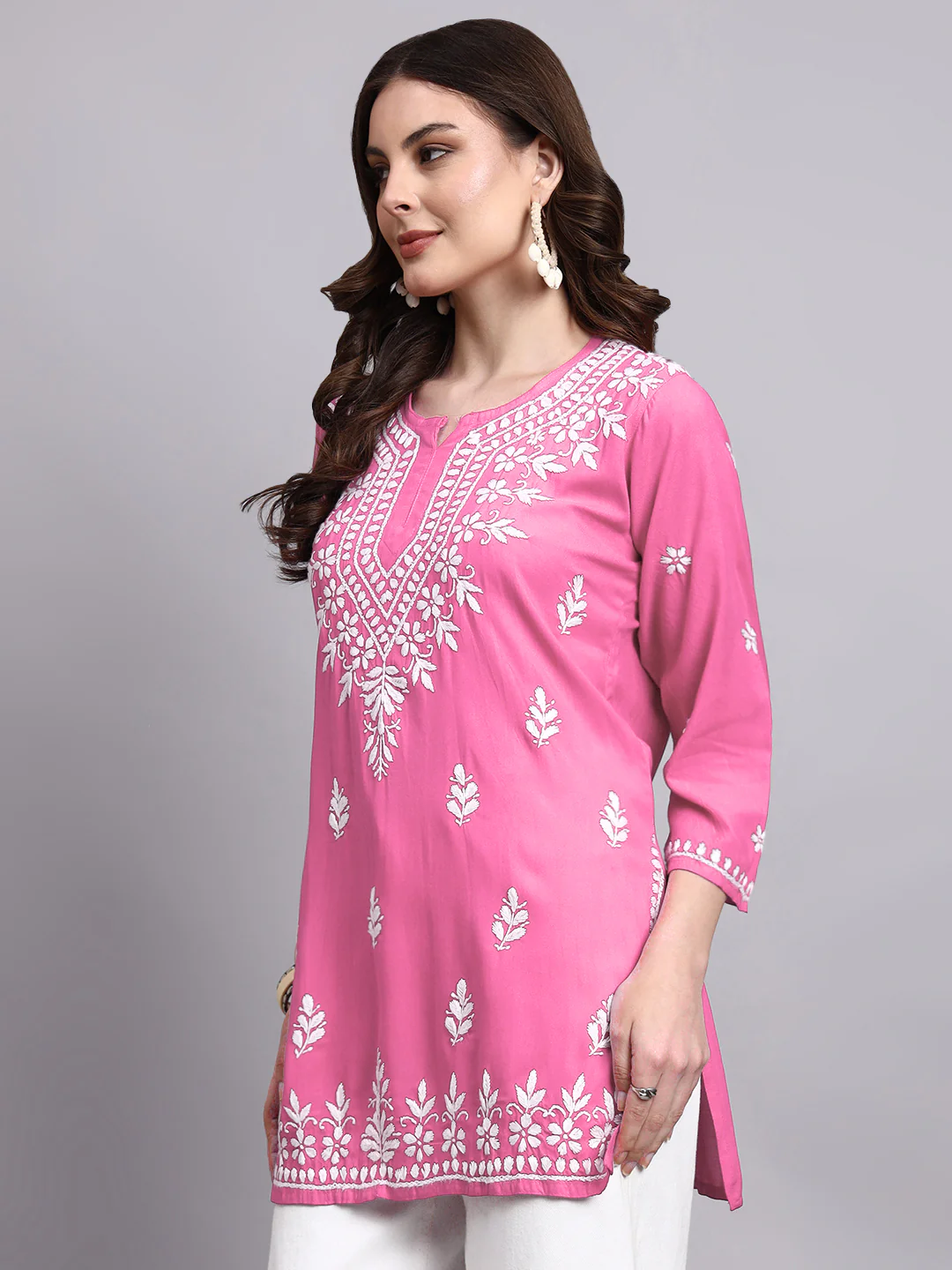 Siara Rayon Chikankari Short Kurta - Pink - Image 4