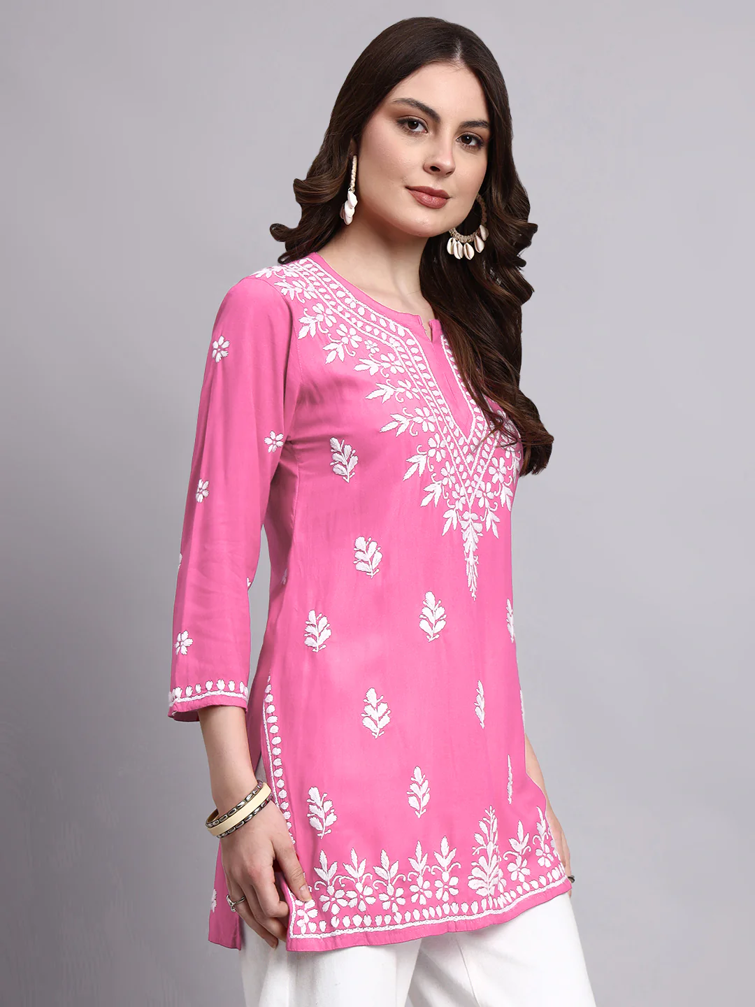 Siara Rayon Chikankari Short Kurta - Pink - Image 5