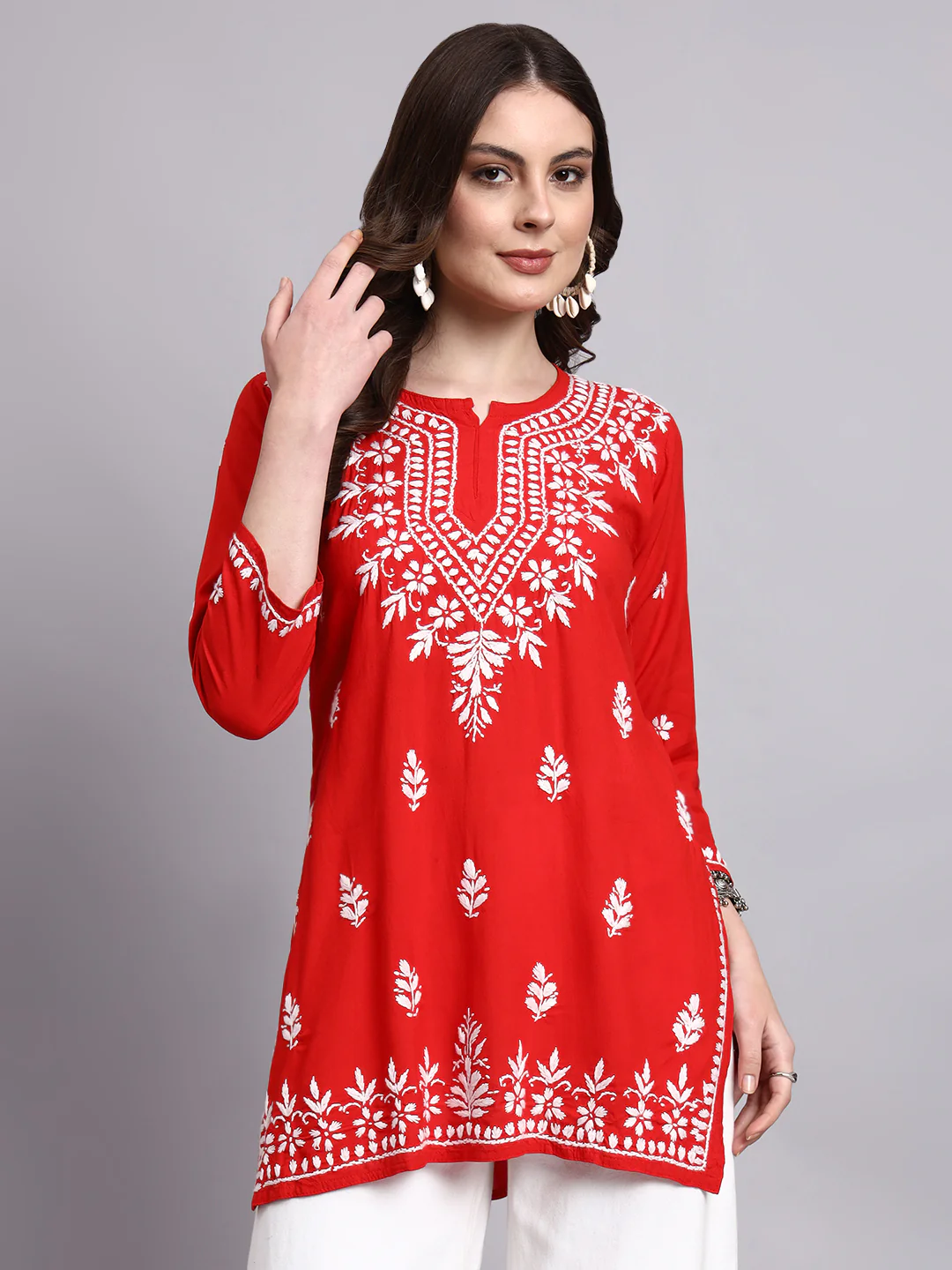 Siara Rayon Chikankari Short Kurta - Red