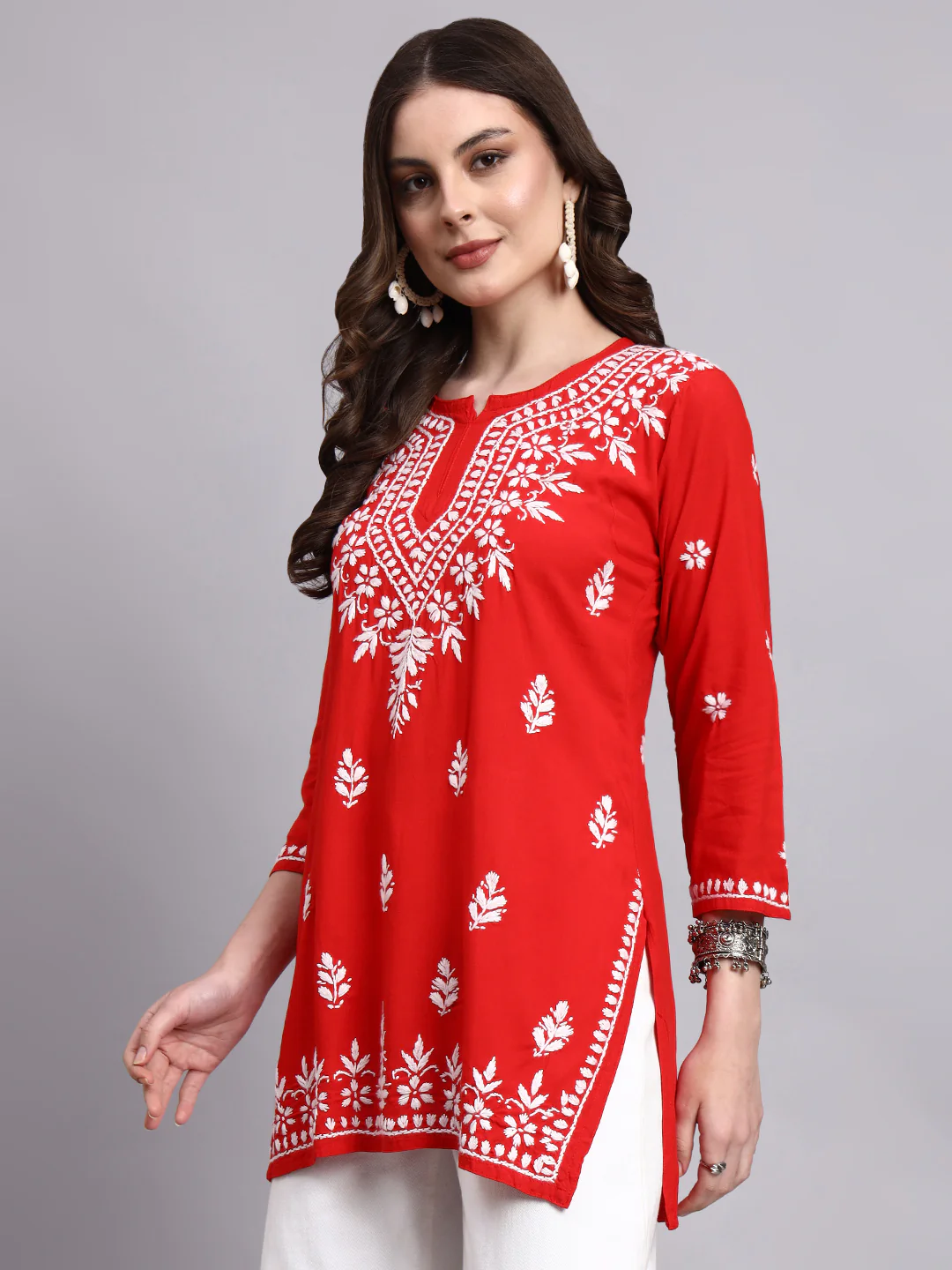 Siara Rayon Chikankari Short Kurta - Red - Image 4