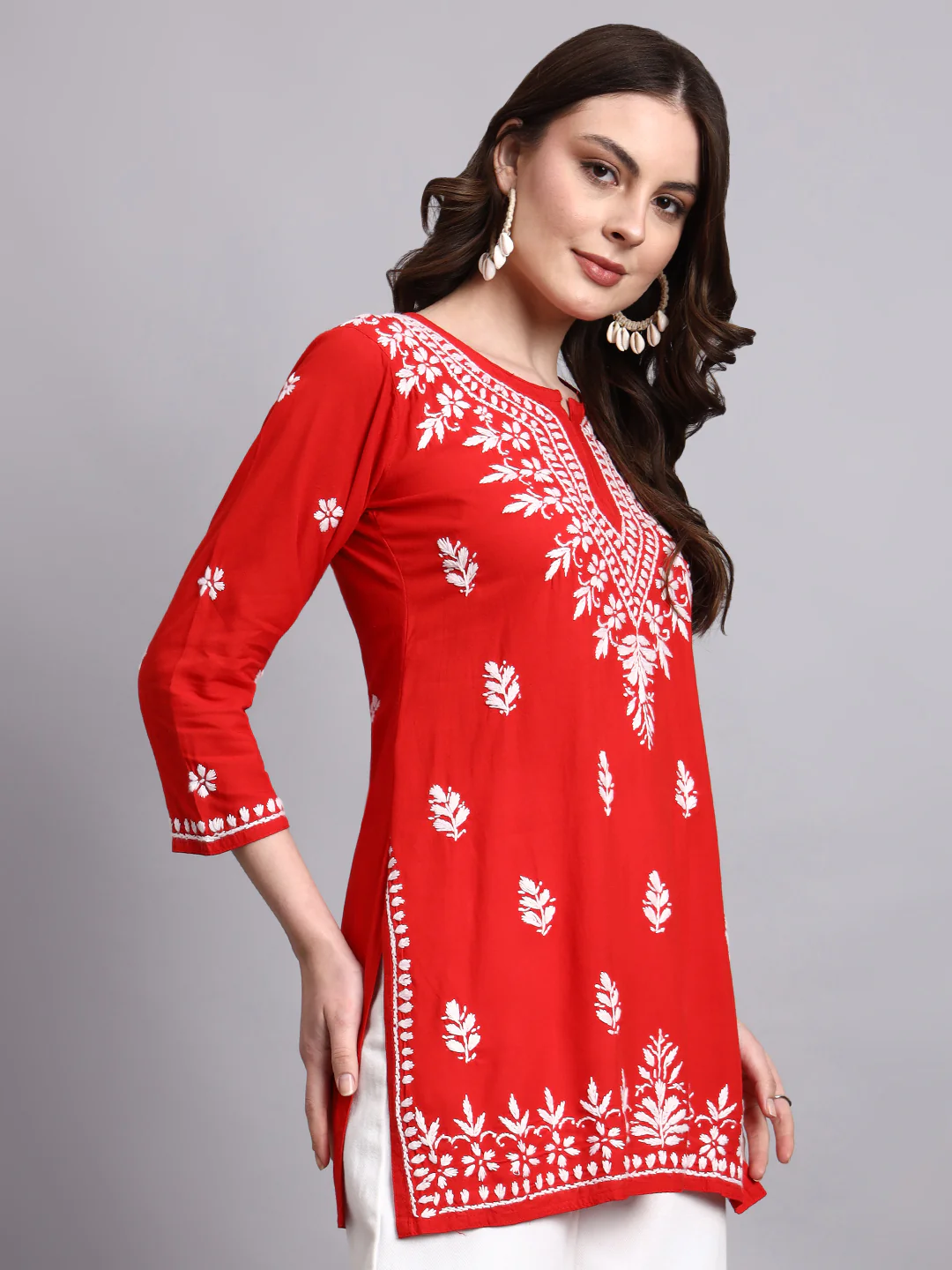 Siara Rayon Chikankari Short Kurta - Red - Image 5