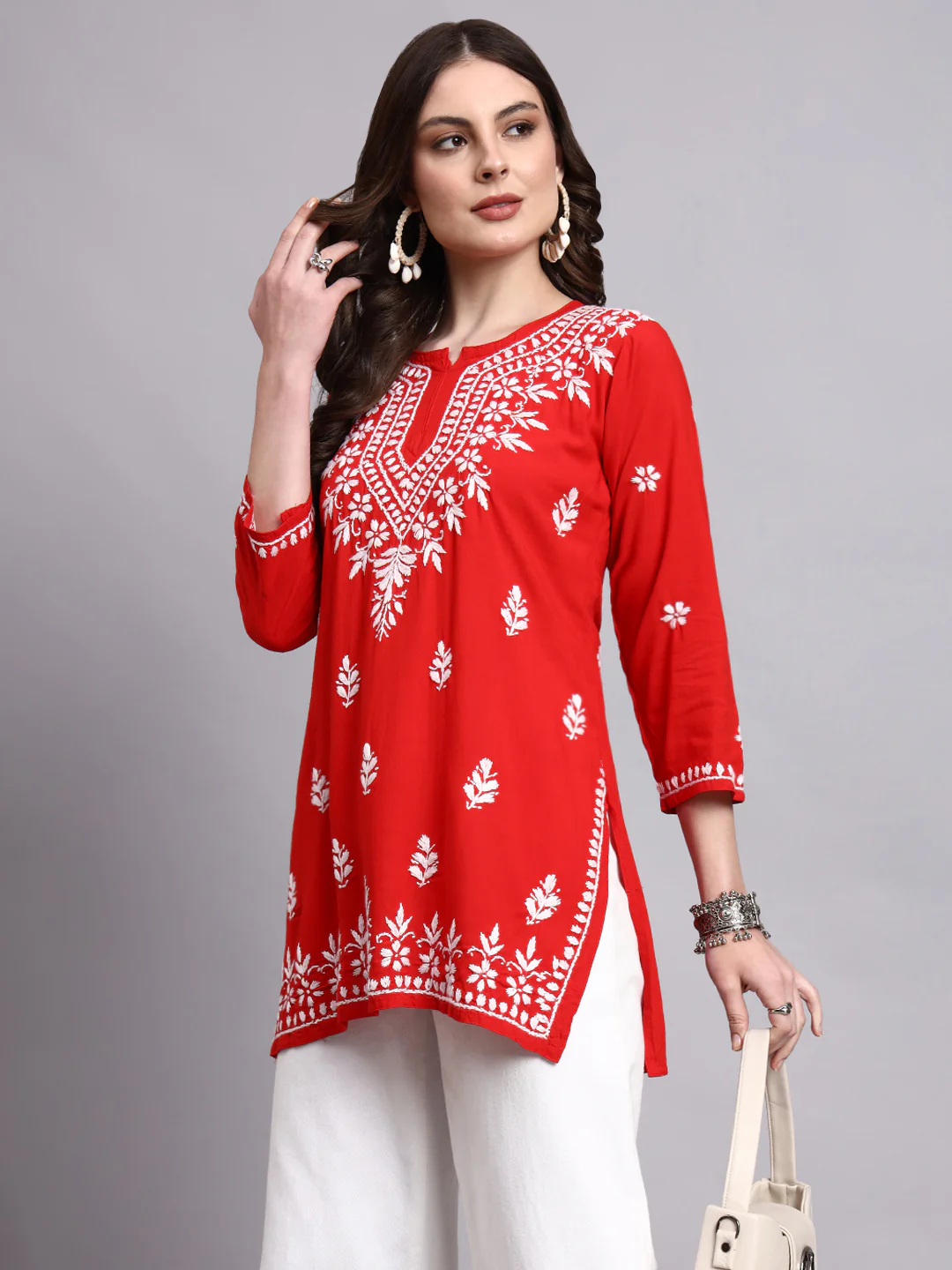 Siara Rayon Chikankari Short Kurta - Red - Image 6