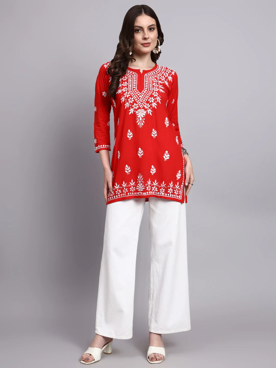 Siara Rayon Chikankari Short Kurta - Red - Image 7