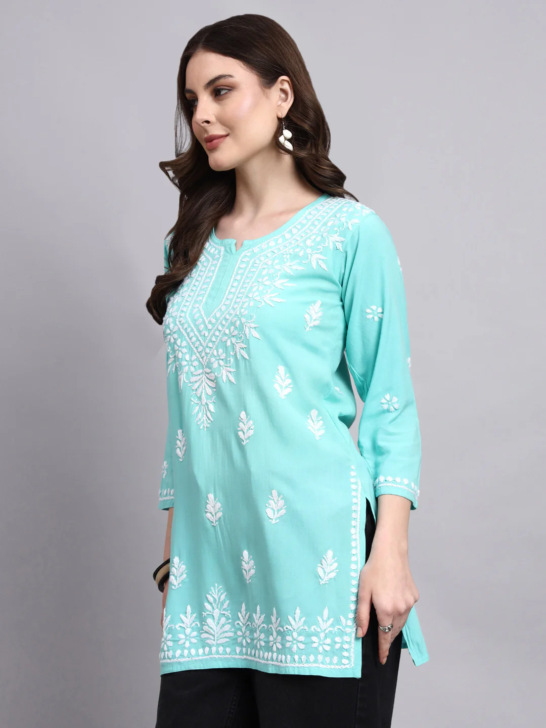 Siara Rayon Chikankari Short Kurta - Sea Green - Image 4