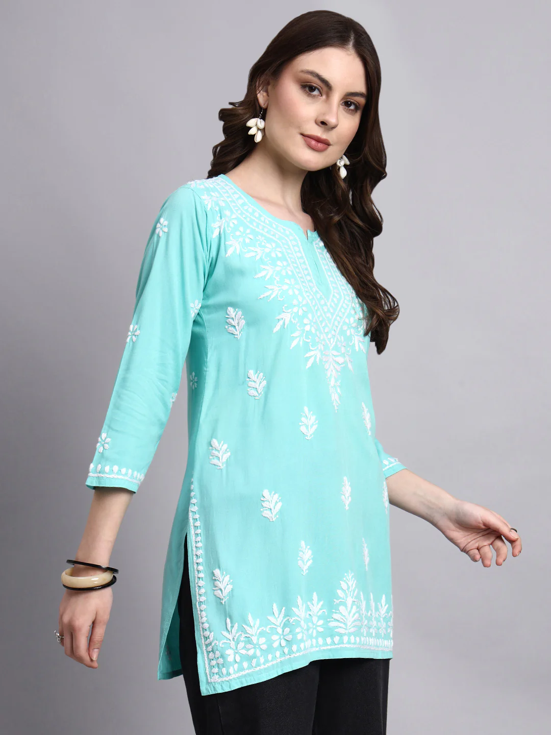Siara Rayon Chikankari Short Kurta - Sea Green - Image 5