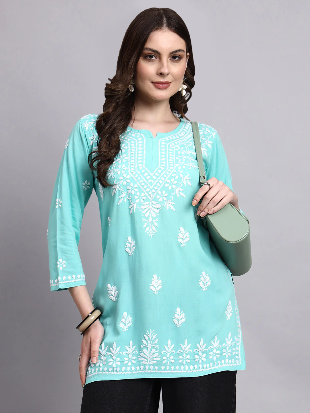 Siara Rayon Chikankari Short Kurta - Sea Green - Image 6