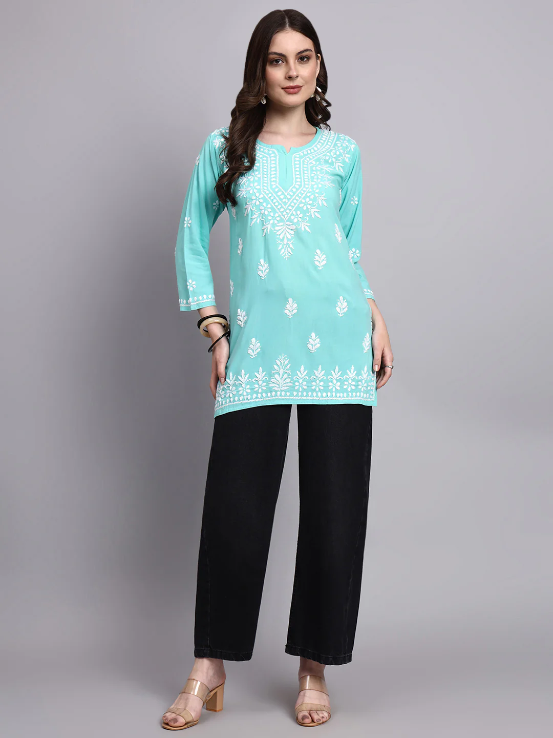 Siara Rayon Chikankari Short Kurta - Sea Green - Image 7