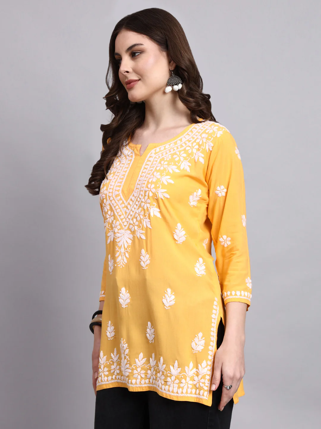 Siara Rayon Chikankari Short Kurta - Yellow - Image 4