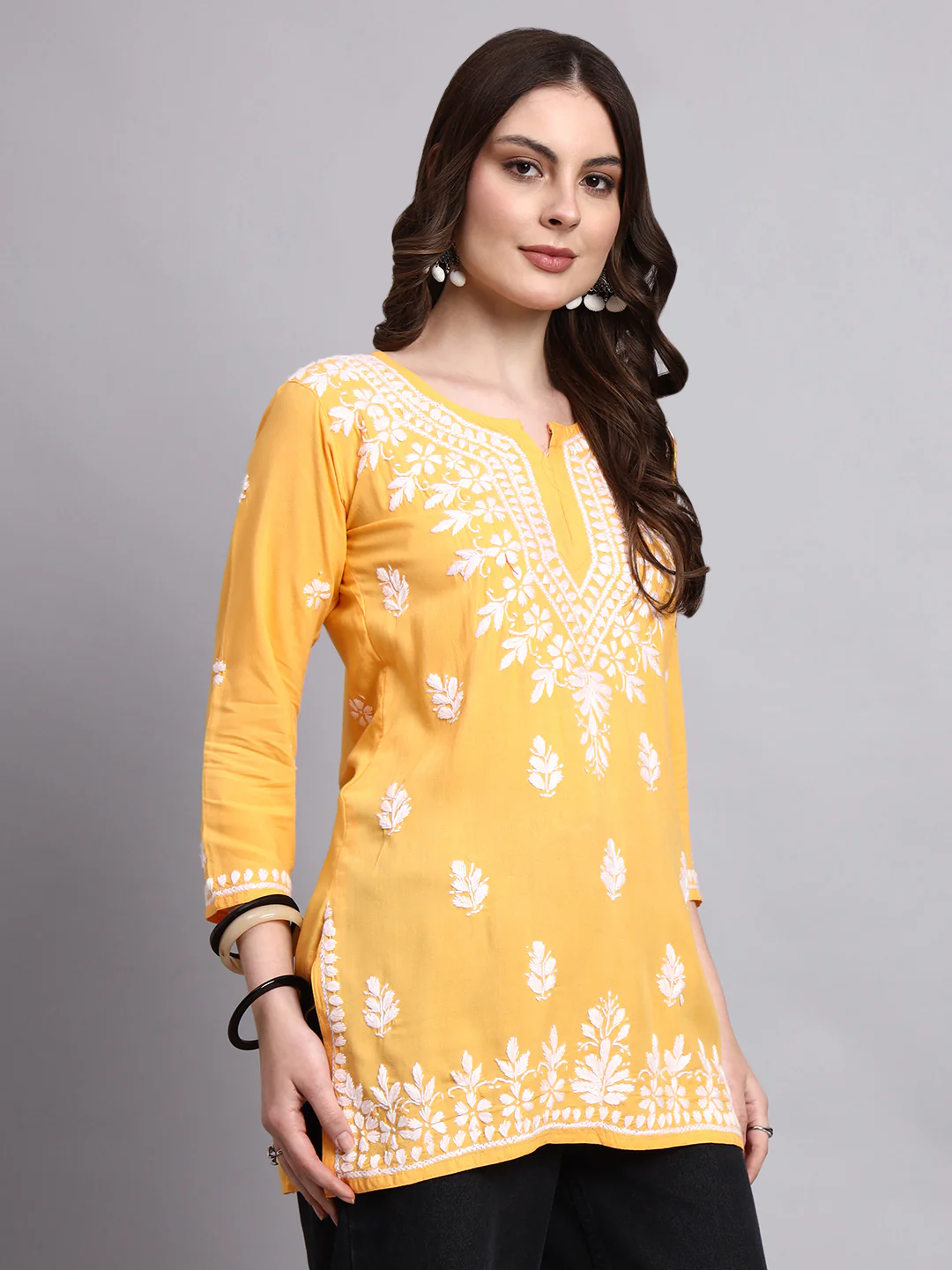 Siara Rayon Chikankari Short Kurta - Yellow - Image 5