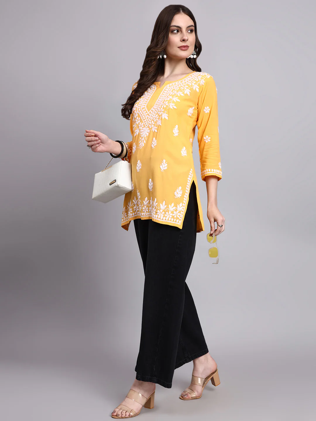 Siara Rayon Chikankari Short Kurta - Yellow - Image 6