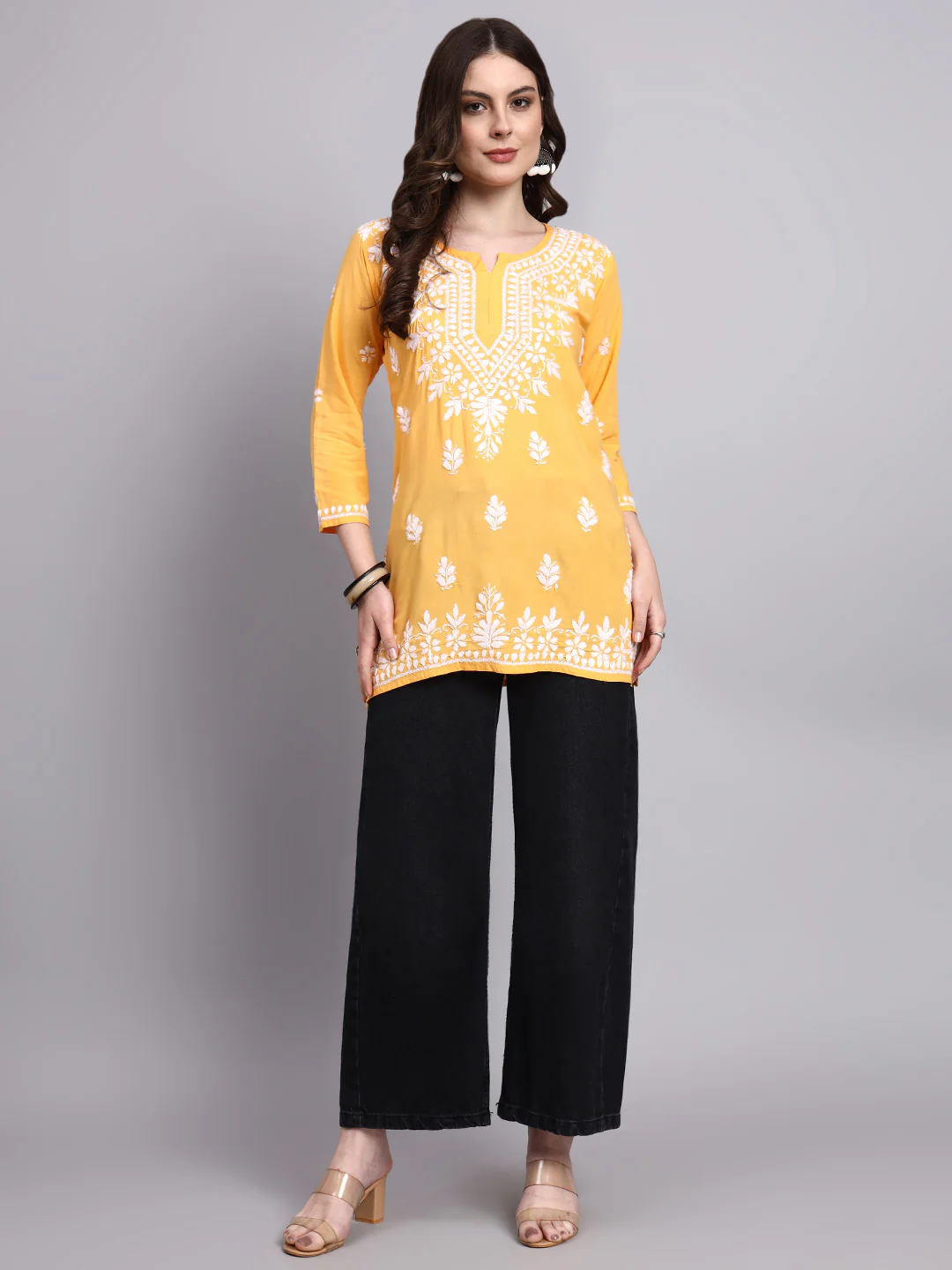 Siara Rayon Chikankari Short Kurta - Yellow - Image 7