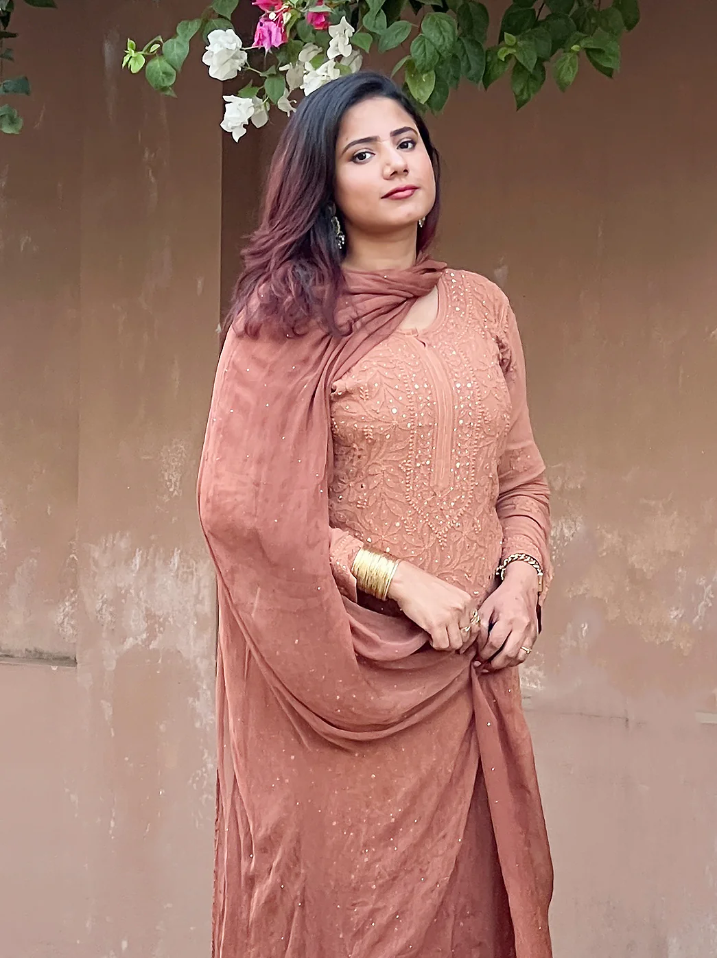 Sitara Chikankari Viscose Kurta Set with Dupatta - Brown - Image 2