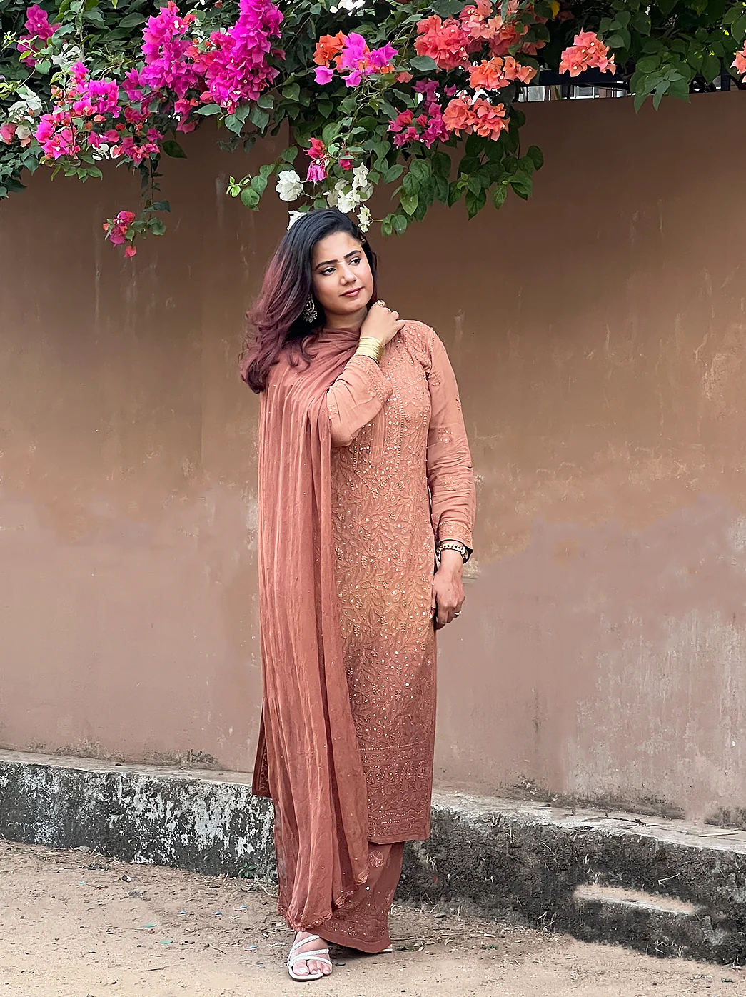 Sitara Chikankari Viscose Kurta Set with Dupatta - Brown - Image 3