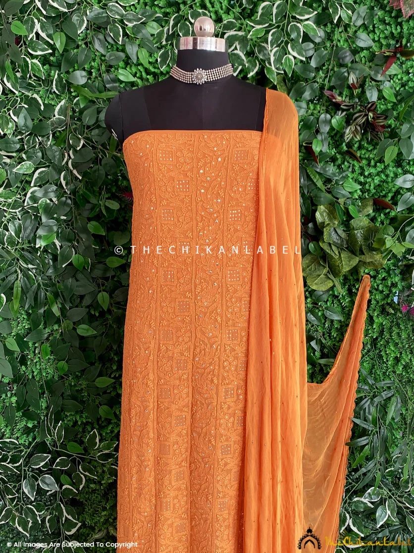 Siya Viscose Chikankari Kurti Piece with Dupatta - Orange - Image 2