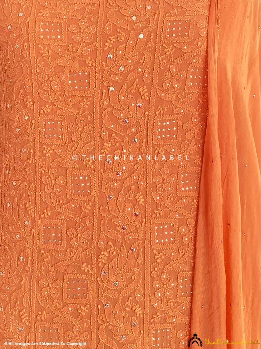 Siya Viscose Chikankari Kurti Piece with Dupatta - Orange - Image 3