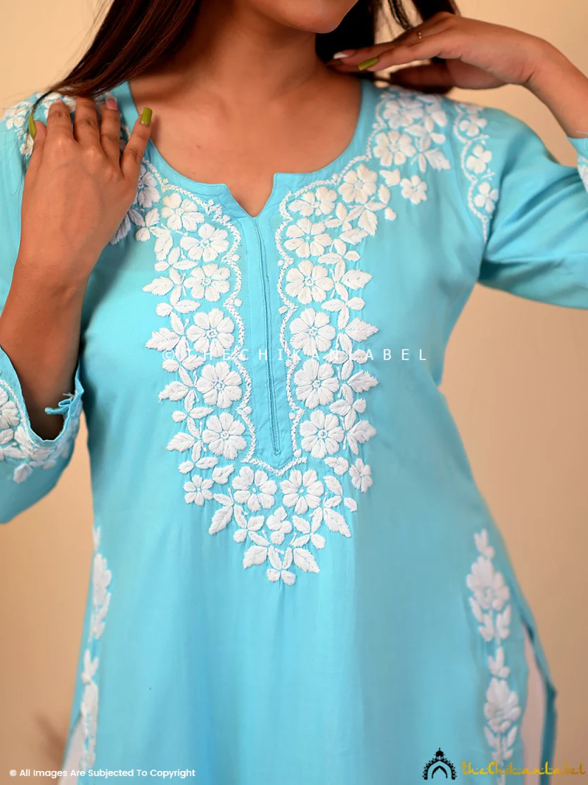 Aisha Rayon Chikankari Straight Kurti -Sky Blue - Image 2