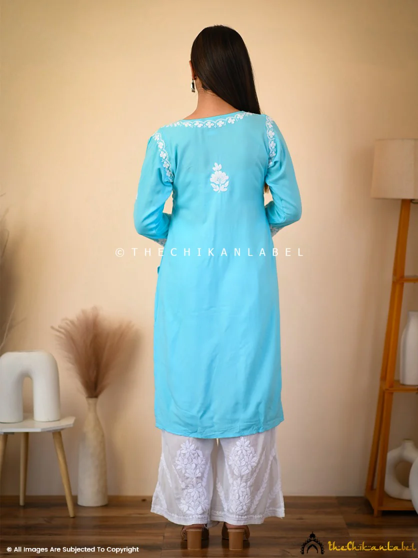 Aisha Rayon Chikankari Straight Kurti -Sky Blue - Image 3