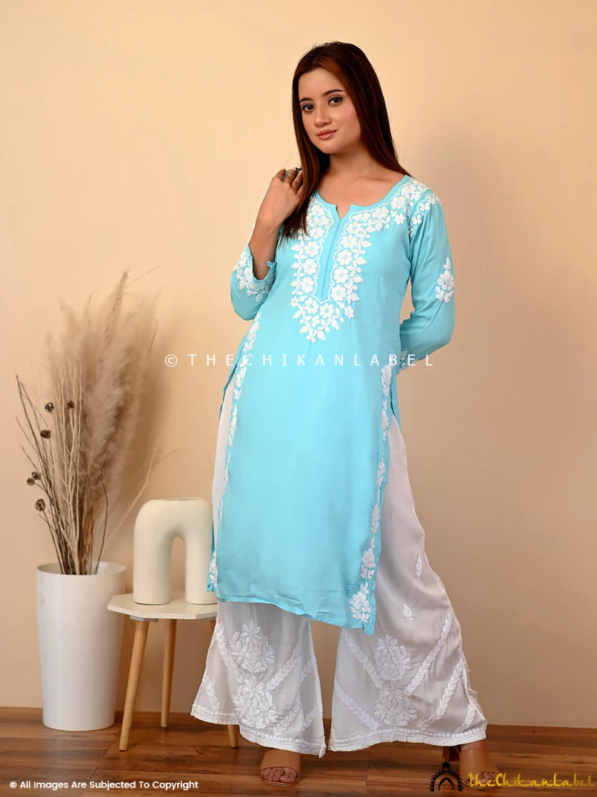 Aisha Rayon Chikankari Straight Kurti -Sky Blue - Image 4