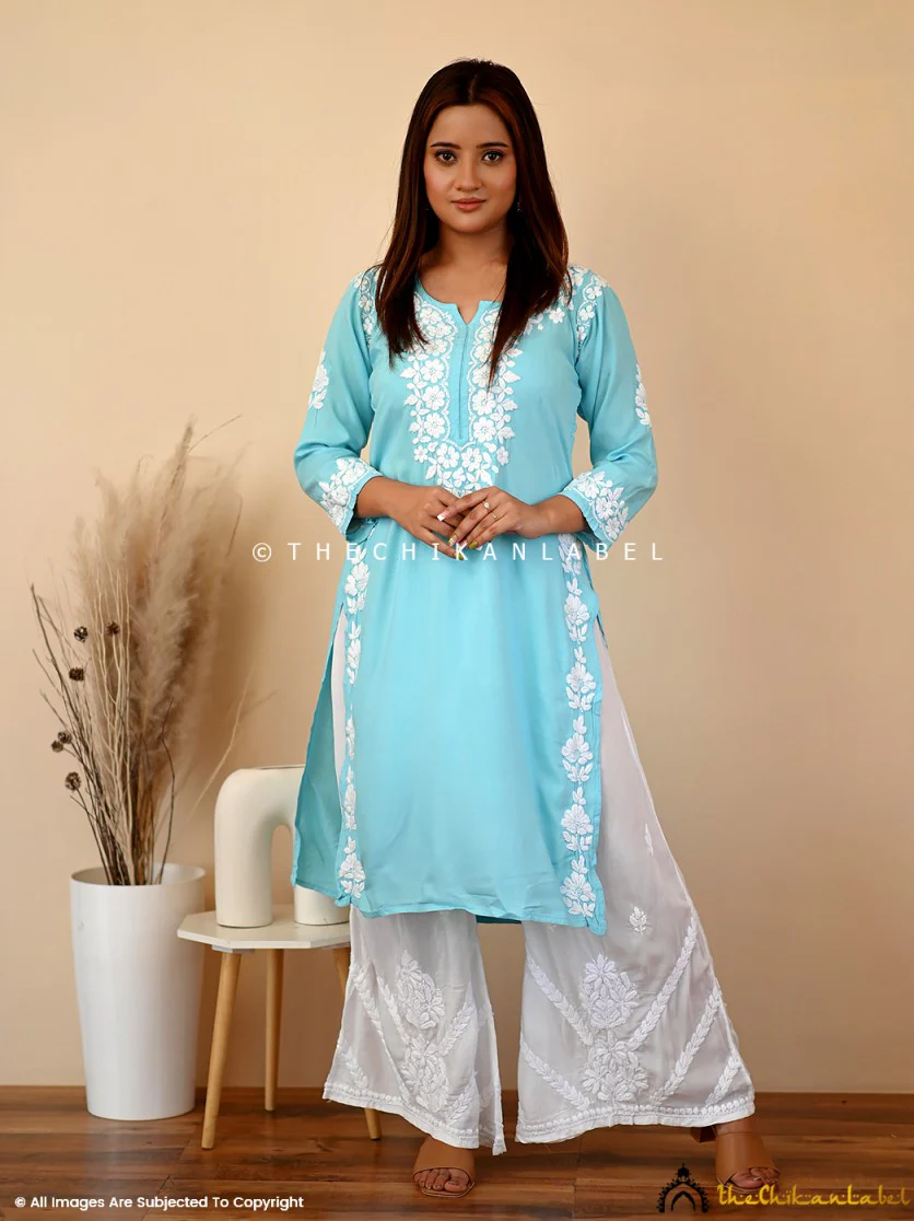 Aisha Rayon Chikankari Straight Kurti -Sky Blue - Image 5