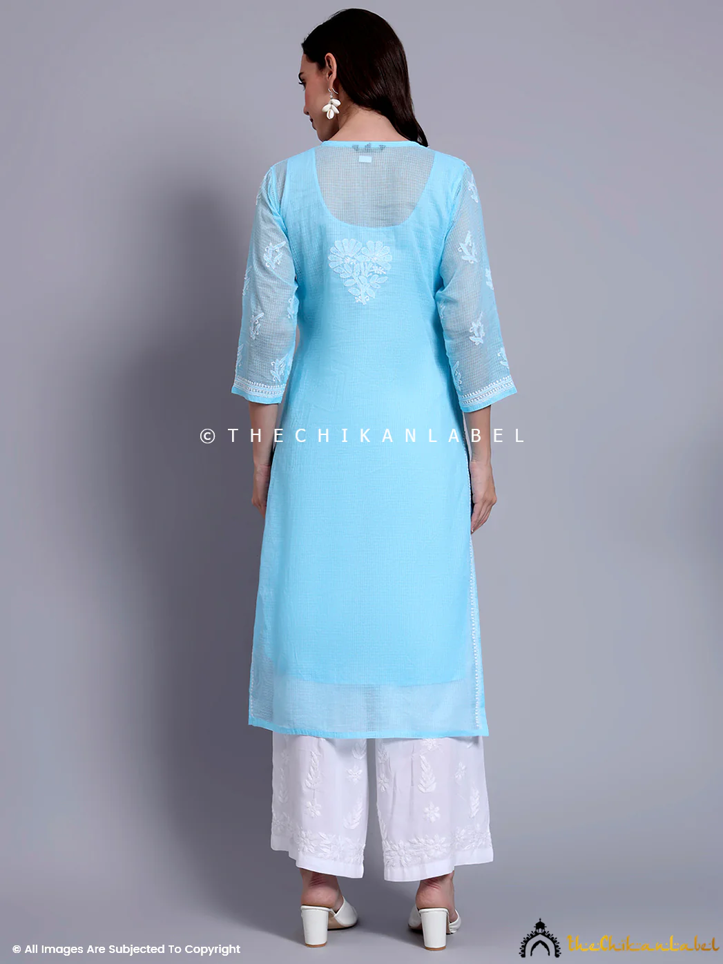 Akshara Kota Cotton Chikankari Straight Kurti with inner - Sky Blue - Image 3