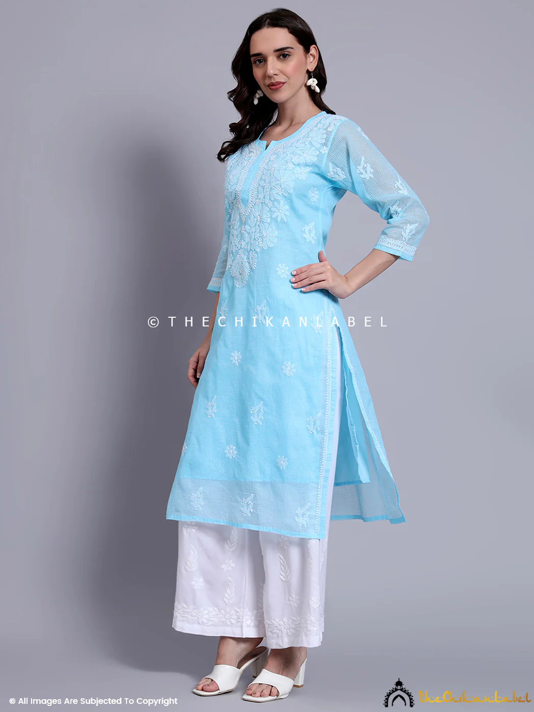 Akshara Kota Cotton Chikankari Straight Kurti with inner - Sky Blue - Image 4