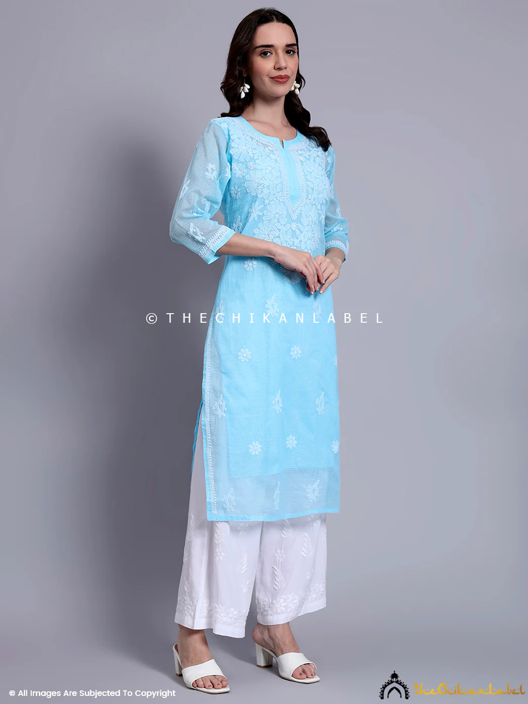Akshara Kota Cotton Chikankari Straight Kurti with inner - Sky Blue - Image 5